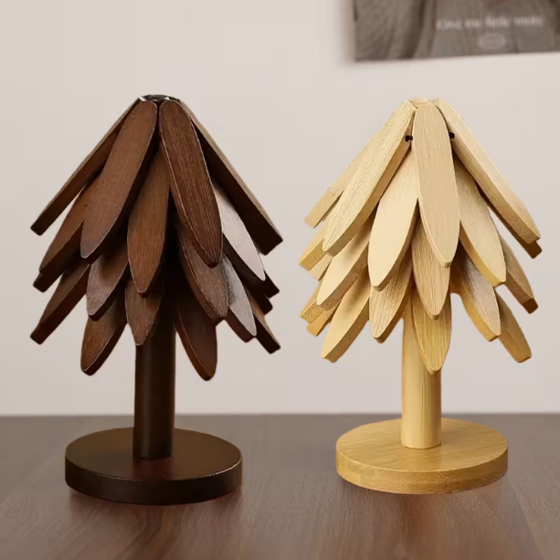 Set of 5 Wooden Tree-Shaped Trivets - Heat-resistant pot and pan holders, durable kitchen accessories.