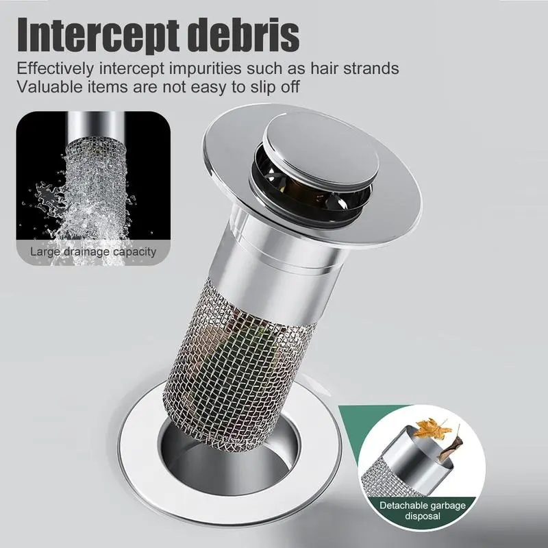 🔥Last save 49% OFF Bathroom Sink Stopper Hair Catcher, Universal Pop Up Sink Drain Filter with Stainless Steel Filter Basket, Bathroom Sink Drain Strainer