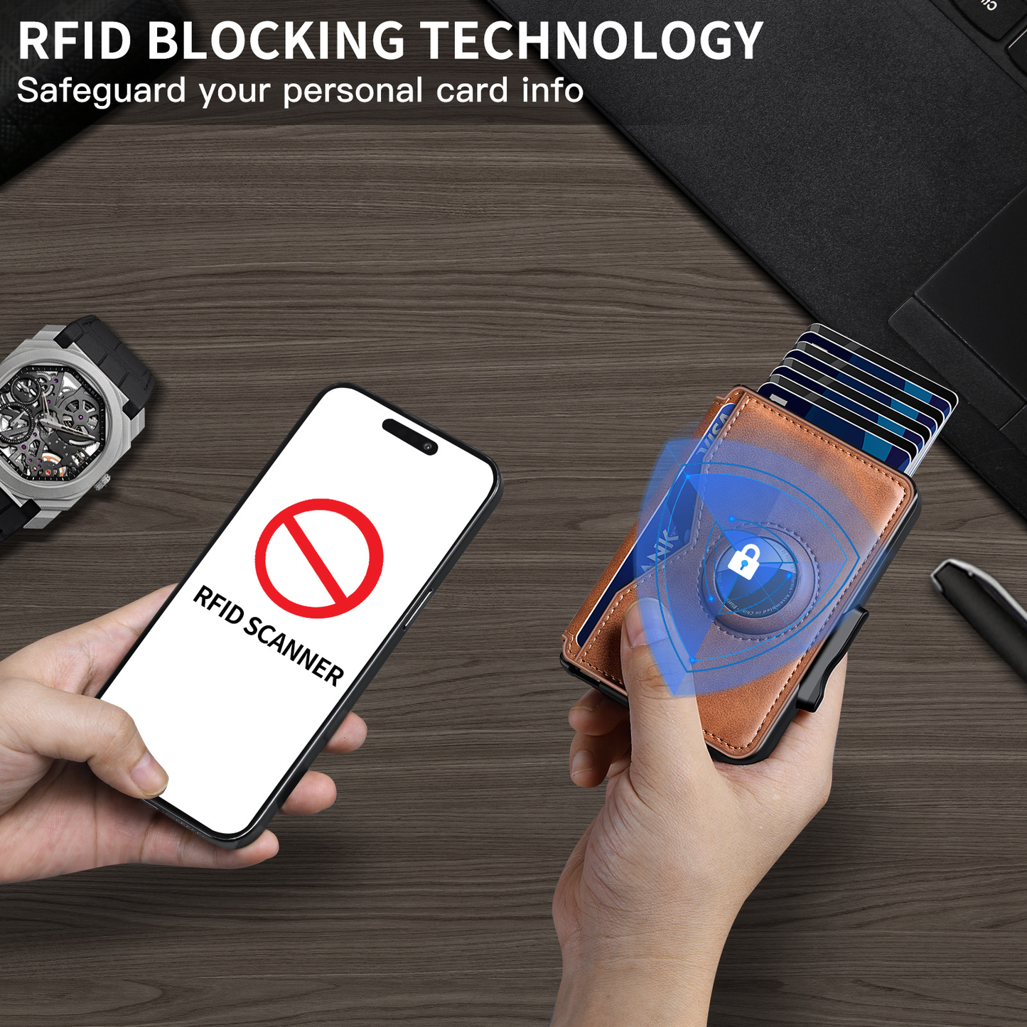 ✨Wallet - With Pop Up Aluminum Case Money Clip Slim Leather Slots Credit Card Holder RFID Blocking Bifold Minimalist Wallet